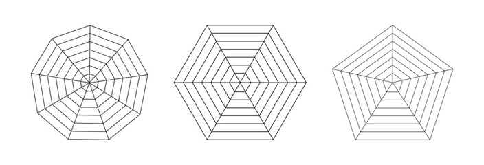 Nonagon, hexagon, pentagon graphs. Radar spider template. Spider mesh. Blank radar charts set. Flat web diagrams for statistic, analytics. Coaching tool. Black grid with segments. Outline illustration