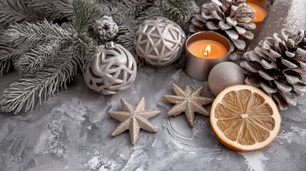 Christmas decorations on gray stone background.  Possible use Holiday greeting card or social media post