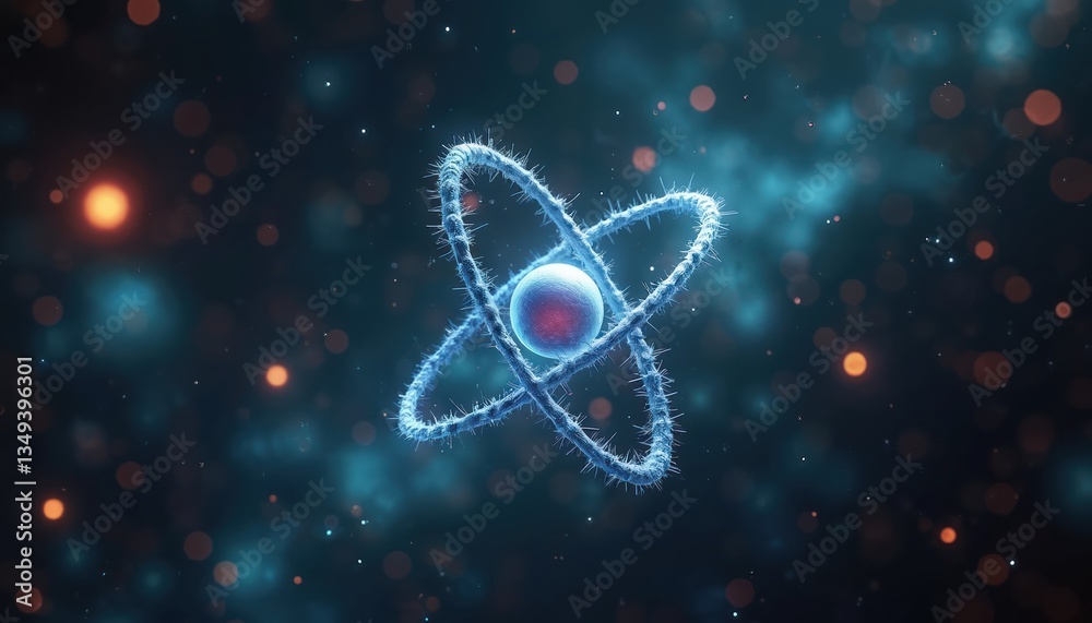 Poster atom model with flying electrons, science tech background. molecular structure with blue glowing ene