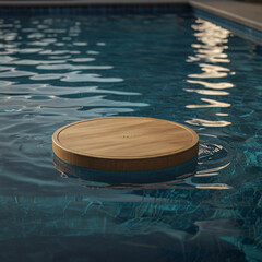 A round wooden floating platform drifts on a serene pool, reflecting sunlight. Perfect for luxury outdoor design, resort decor, and creative product display. Ideal for relaxation and stylish settings.