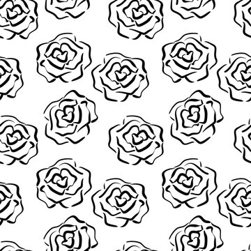 Seamless pattern with roses in sketch style. Simple silhouettes of black roses on a white background. Floral texture. Perfect for textiles, wallpaper, packaging and wrapping paper. Vector illustration