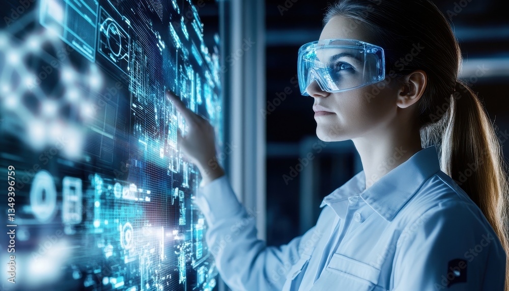 Poster focused female scientist interacting with futuristic holographic interface in advanced technology la