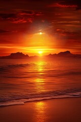 Fiery sunset over ocean, reflecting light on tranquil beach