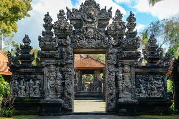 Fototapeta premium Large ornate stone gateway with carved mythological scenes, vibrant textures and detailed craftsmanship, historic and elegant atmosphere