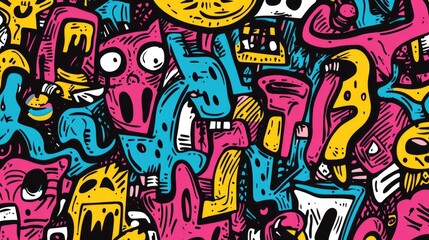 Colorful abstract illustration featuring playful cartoon characters and shapes in a vibrant, chaotic arrangement