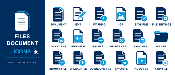 files and document icons including document, edit, warning, jpg, save file, file setting, locked file, audio file, video file, add, delete, sync, folder, remove, upload, download, favorite and more