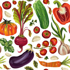 Seamless pattern vegetables on white background. Digital art, imitation oil. Autumn harvest, healthy food. Print for fabric and wrapping paper.