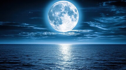 Full Moon Over the Tranquil Ocean at Night