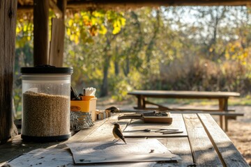 Fototapeta premium Rustic outdoor workspace with bird, tools, and autumn foliage