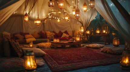 Obraz premium Enchanted Moroccan Tent: A Night of Tranquility and Warmth