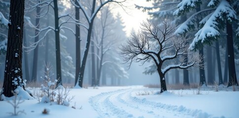 A solitary tree branch in a snow-covered forest, calm, winter, isolation