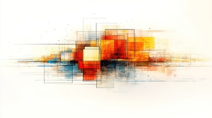 Fototapeta premium Abstract art featuring vibrant, layered squares and rectangles in warm hues against a white backdrop