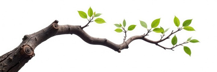 Fototapeta premium A solitary tree branch with twisted trunk isolated on white background, branch, wooden