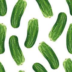 Seamless pattern cucumber on white background. Digital art, imitation oil. Autumn harvest, healthy food. Print for fabric and wrapping paper.