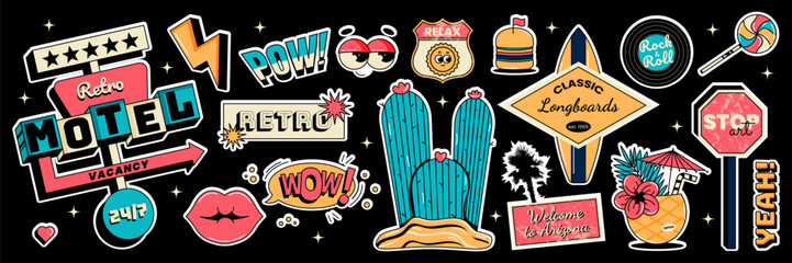 Summer party or vacation sticker set isolated on black background. Motel sign, surfboard, cactus, cocktail, lips, road stop sign and more. Vector illustration