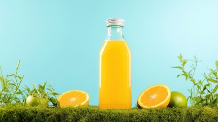 Glass Bottle of Orange Juice with Orange Slices and Green Leaves on Moss