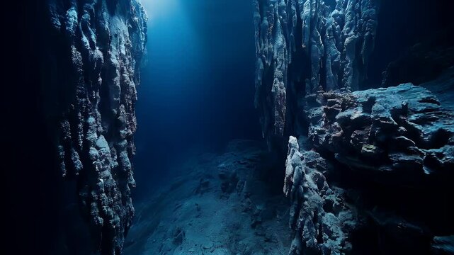 A deep ocean trench carved into the seabed, surrounded by towering rock formations