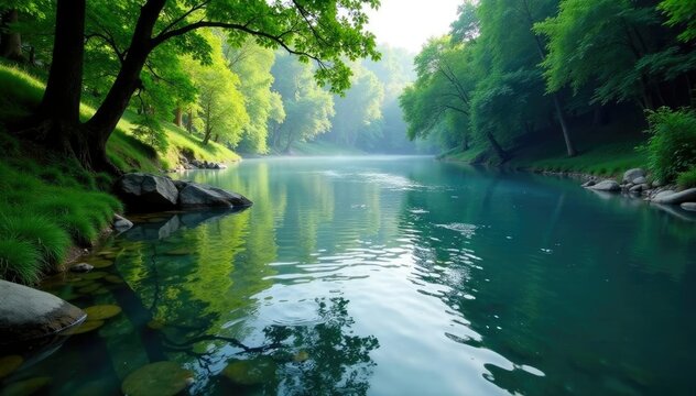 Calceata di acqua nel fiume Pitrisconi con una nebbia leggera, natura, fiume