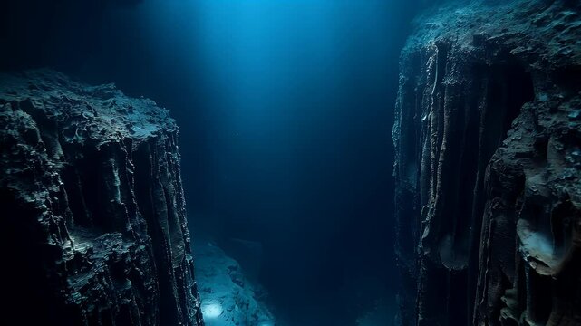 A massive undersea chasm etched into the ocean floor, flanked by soaring cliffs