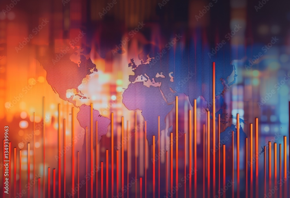 Aufkleber Global Data Visualization: Abstract World Map with Vertical Bars and City Lights Background