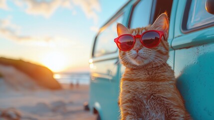 Obraz premium A stylish cat wearing red sunglasses relaxes by a vintage van at sunset, capturing a carefree beach vibe.