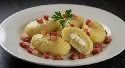 Potato Dumplings with Bacon on a White Plate Food Photography