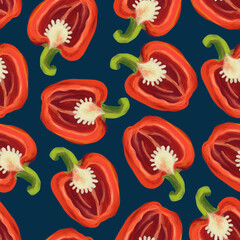 Seamless pattern red paprika in a cut on a dark blue background. Digital art, imitation of oil. Autumn harvest, healthy food. Print for fabric and wrapping paper.