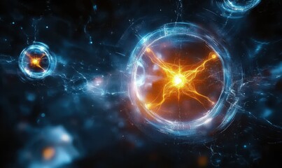 Glowing Blue and Orange Spheres in Cosmic Space Abstract Digital Art