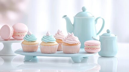 Delicious pastel cupcakes, macarons, and a teapot on a white background.