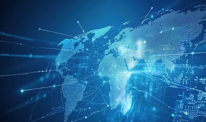 Fototapeta premium Glowing Blue Digital World Map Abstract Network Background