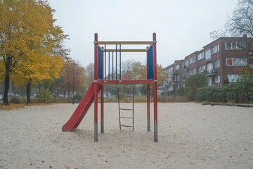 Autumn playground with climbing frame and slide in urban neighborhood