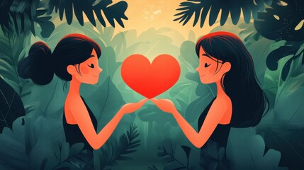 Two young women exchanging love letter surrounded by floral background