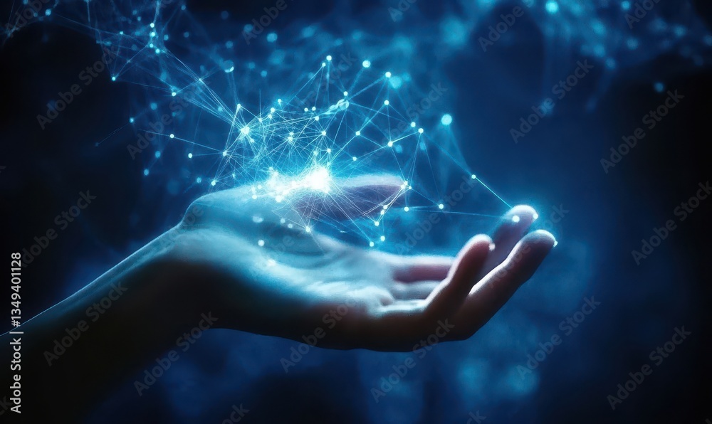 Aufkleber glowing blue network connection in hand dark background