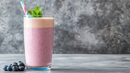 Creamy pink smoothie with blueberries and mint, perfect for refreshing treat