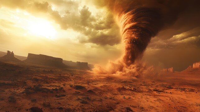 Desert dust devil sunset landscape, extreme weather