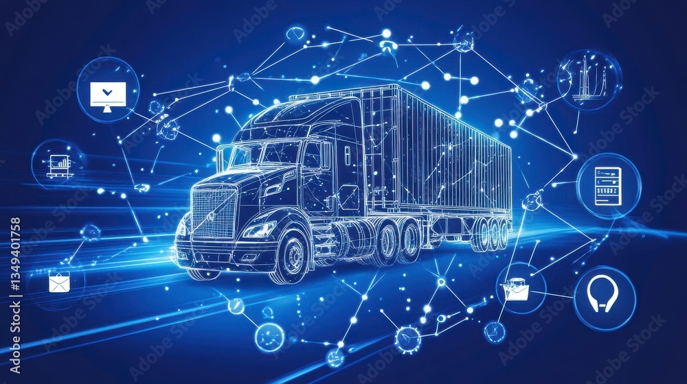 Poster Digital illustration of a semi-truck connected to a network of data points.