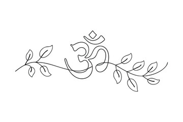 Om Symbol, Yoga, Meditation, Spirituality, Leaves, OneLine Art, Minimalist Design, Peace, Serenity, 