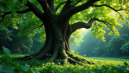 Fototapeta premium Dense foliage surrounds ancient tree, nature's majesty, trunk, greenery