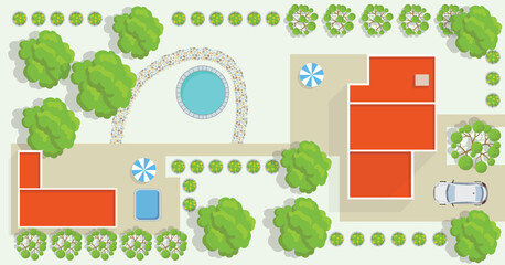 Design plan with house, courtyard, lawn and garage top view. Highly detailed plan of country with modern cottage, garden, pond, pool.