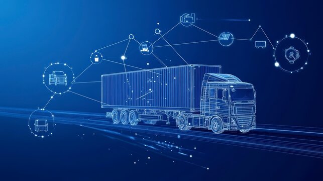 Wireframe semi-truck digitally connected to logistics network.