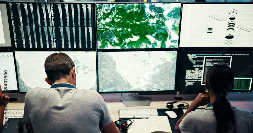 Aufkleber screen, people and meteorology with monitor for weather, satellite maps and team to track storm. con