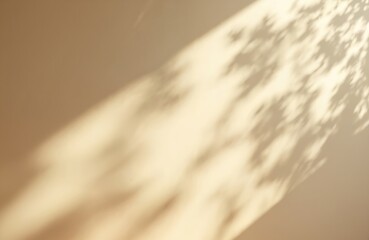 Abstract background with diagonal shadows from tree leaves on beige wall. Natural light creates trendy pattern. Copy space for text overlay, poster mockup, flat lay, top view. Modern design.