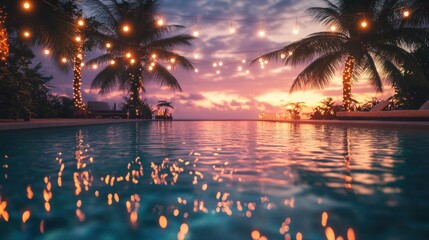 Digits Floating in Pool Under String Lights at Sunset.