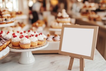 Fototapeta premium A blank menu stand is positioned near an assortment of delectable pastries, including creamy cakes, in a bright and inviting bakery setting