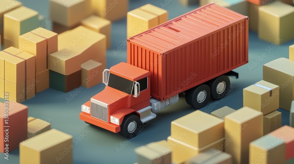 Poster red truck with cargo container navigating a maze of cardboard boxes.