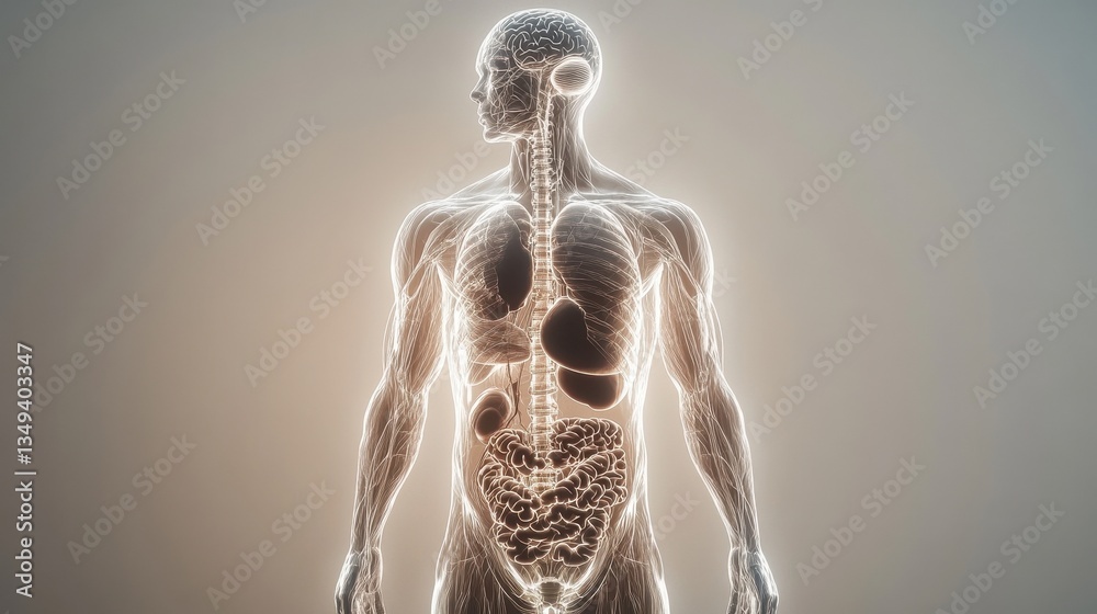 Poster glowing human body anatomy: detailed 3d rendering of internal organs and systems