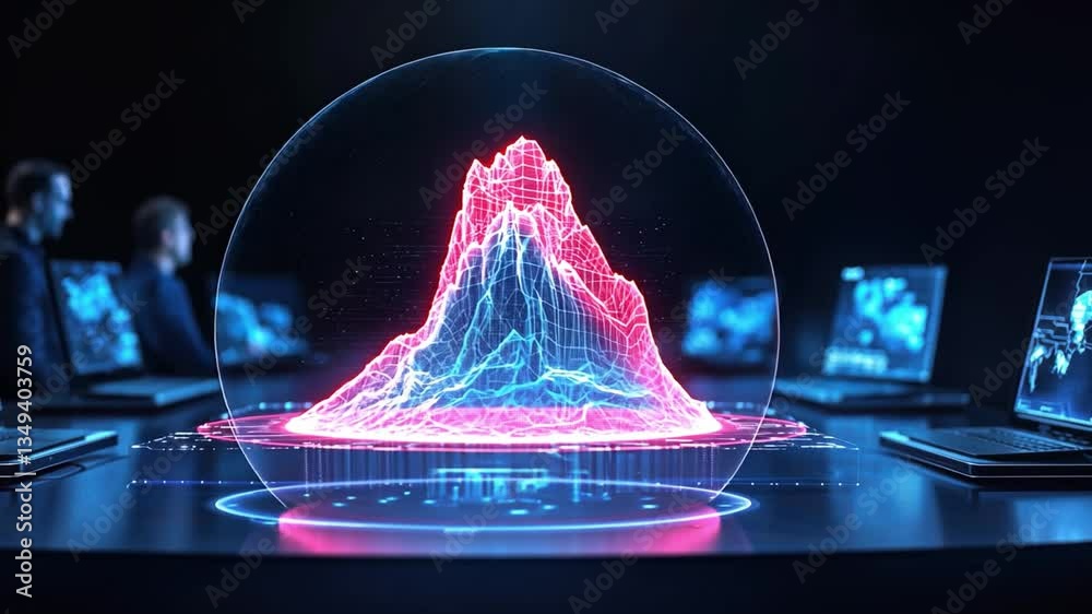 Poster futuristic data visualization displaying 3d mountain graph with neon colors in a high-tech environme