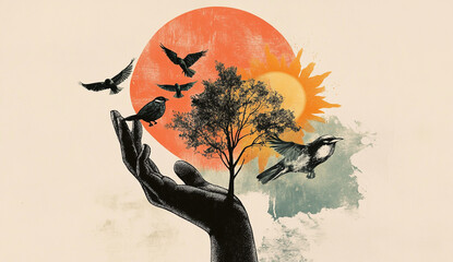 Minimalist collage of a hand holding a green tree, isolated on a pastel background with a yellow circle.