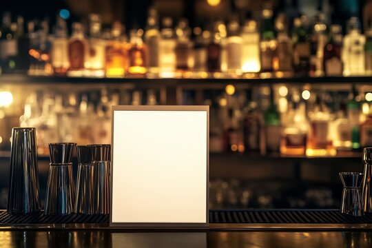 A cocktail menu mockup in an elegant bar setting, featuring a blank menu against a backdrop of bar accessories