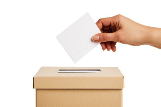 Hand depositing ballot in box, voting process, citizen participation, cut out transparent